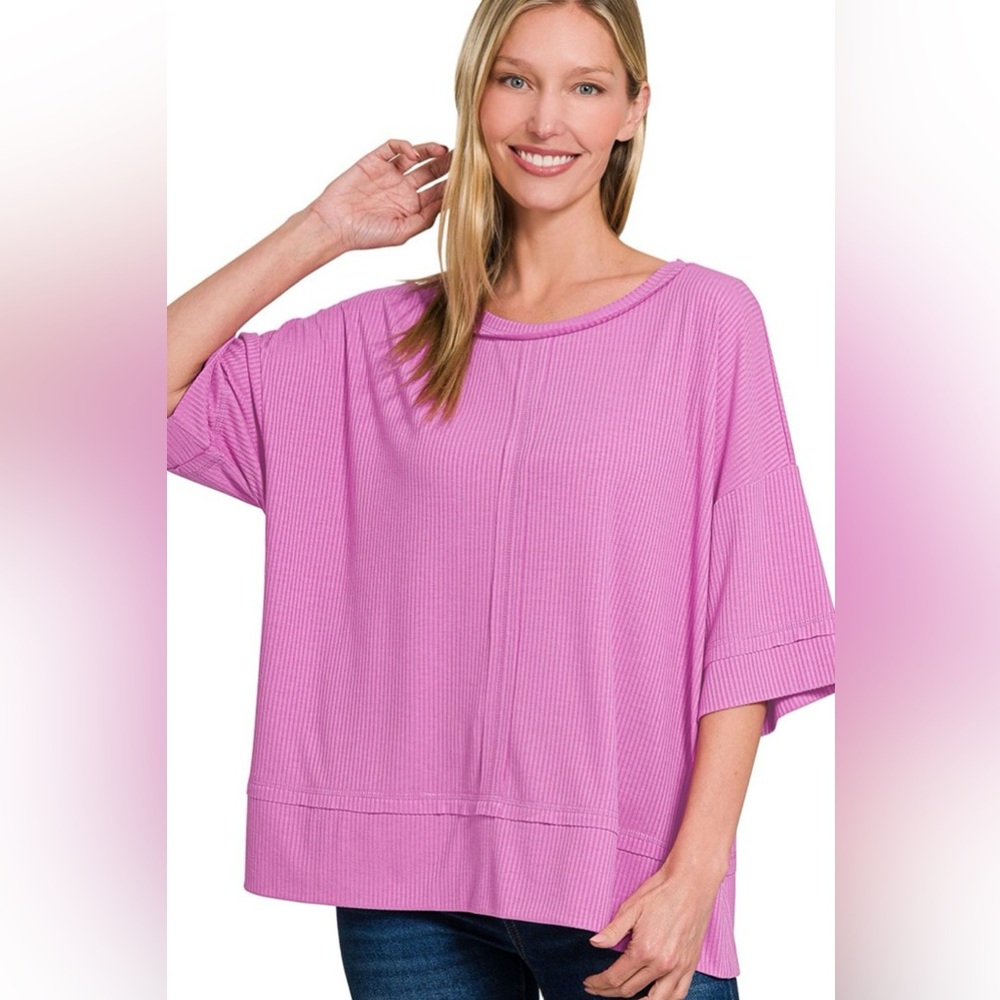 Zenana Ribbed Boat Neck 3/4 Sleeve Top